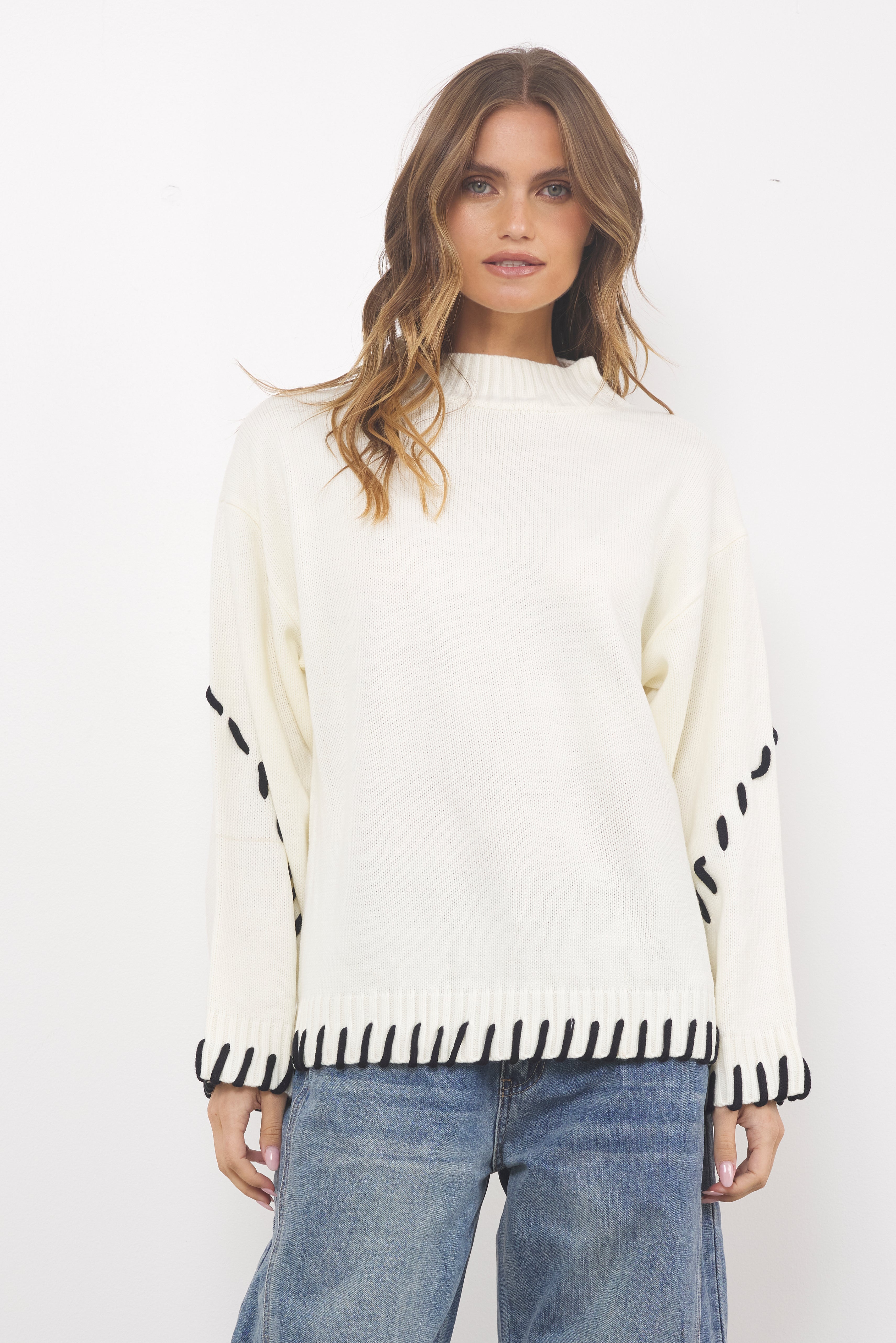 It Was All Ok Ivory Black Knit Top