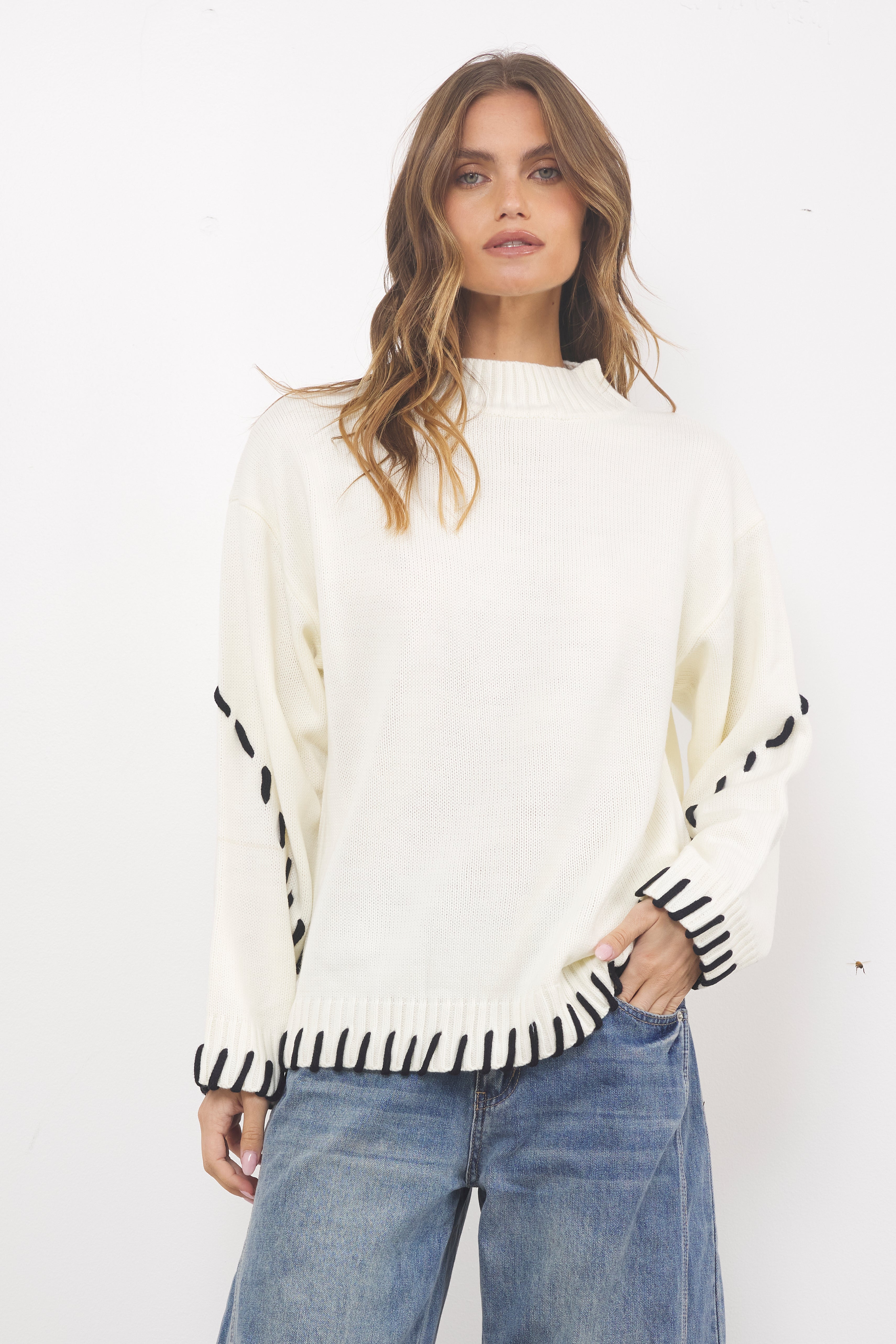 It Was All Ok Ivory Black Knit Top