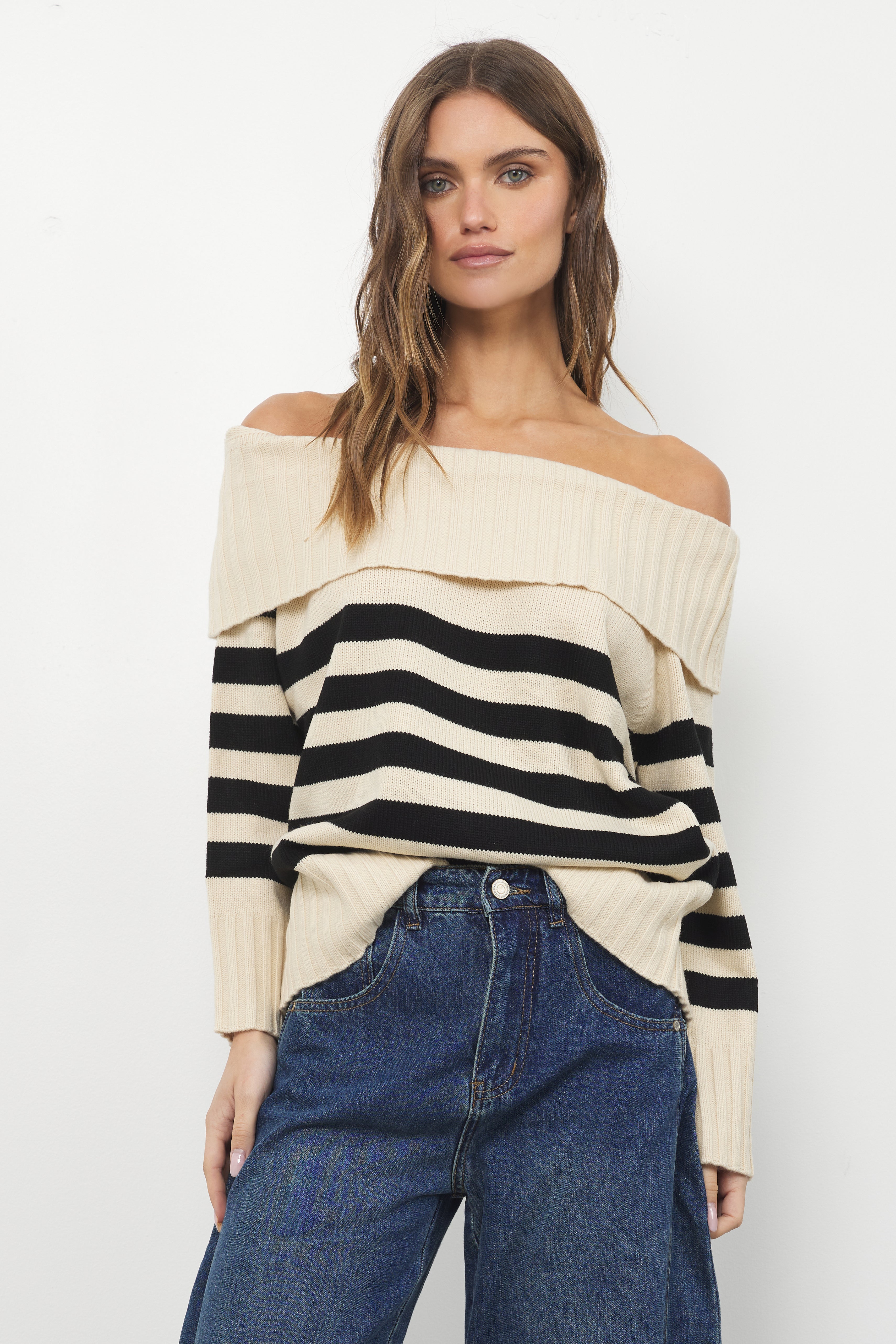 Offers There Cream Black Stripe Knit Top