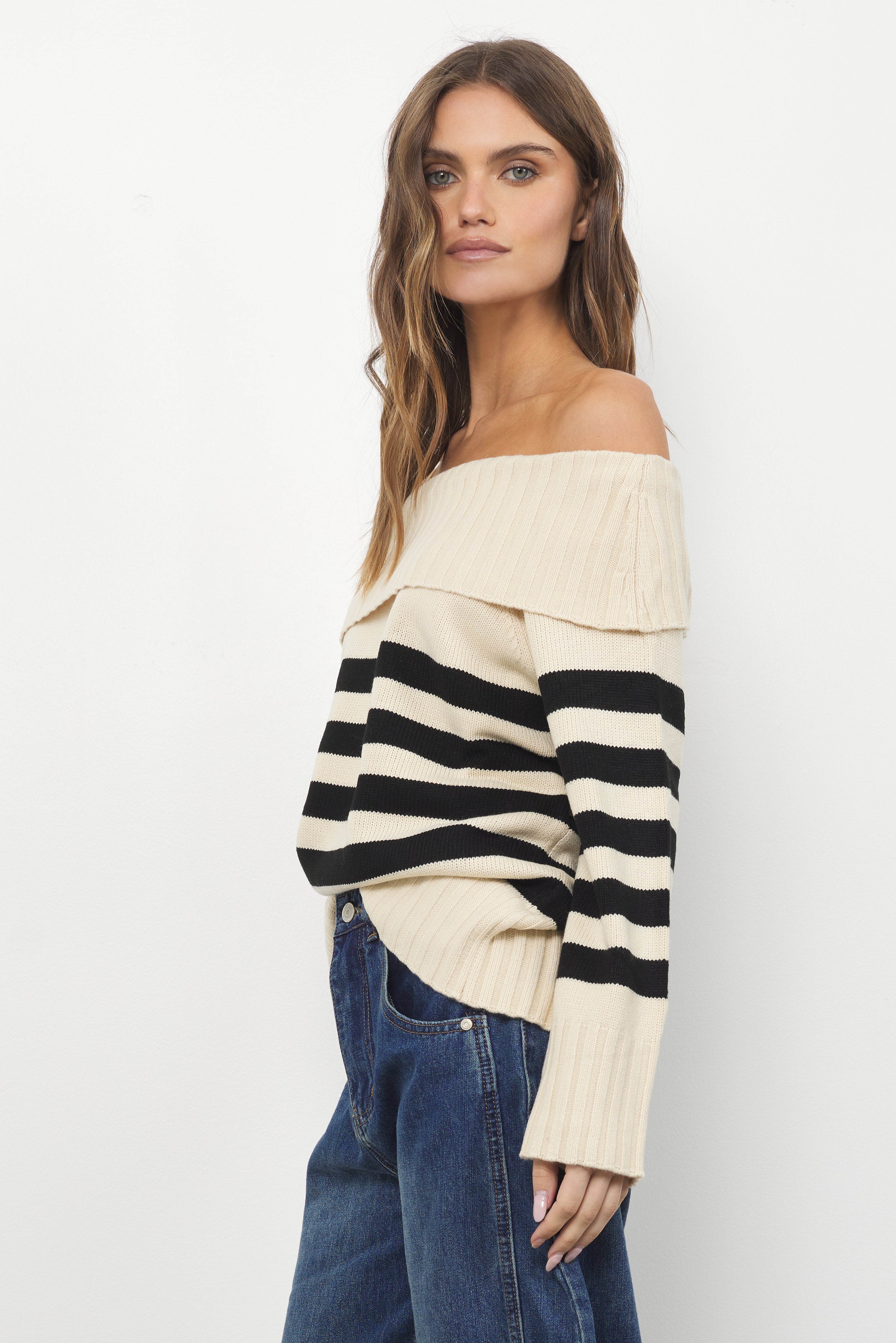 Offers There Cream Black Stripe Knit Top